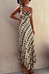 Chic V Neck Geometric Printed Irregular Maxi Cami Dress