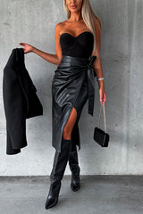 Faux Leather Knit Waist Wrapped Midi Skirt