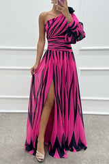 Heididress One Shoulder Waisted Slit Printed Maxi Dress