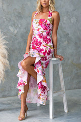Halter Sleeveless Ruffle Hem Slit Floral Print Maxi Dress