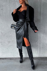 Faux Leather Knit Waist Wrapped Midi Skirt