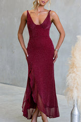 Glitter V Neck Sleeveles Ruffle Slit Maxi Dress