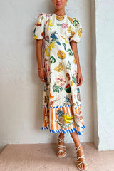 Heididress Puff Sleeve Food Printed Swing Maxi Vacation Dress