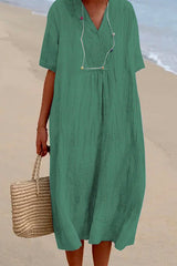 Heididress V Neck Short Sleeve Baggy Cotton Linen Midi Dress