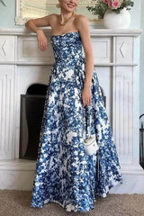 Heididress Strapless Back Lace-up Print Maxi Party Dress