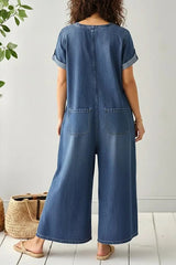Women's Casual Loose Short-Sleeved Denim Jumpsuit