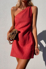 Heididress Sue One Shoulder Cotton Linen Mini Dress