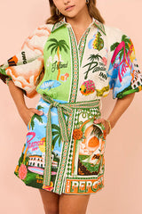 Heididress Lantern Sleeves Tie Waist Cotton Linen Resort Print Shirt Dress