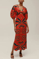 Heididress Knot Front Cut Out Puff Sleeves Side Slit Printed Midi Dress