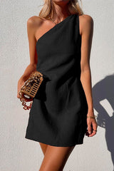 Heididress Sue One Shoulder Cotton Linen Mini Dress