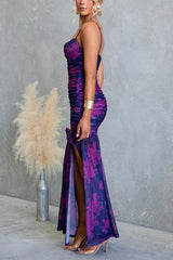 Spaghetti Strap Ruched Slit Floral Print Maxi Dress