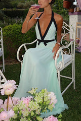 Heididress Deep V Neck Halter Backless Color Block Bow Maxi Dress