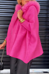 Dolman Sleeves Zipper Up Pocketed Jacket with Faux Fur Hood
