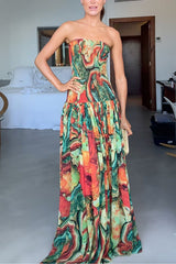 Strapless Smocked Ombre Print Swing Maxi Dress