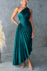 Heididress One Shoulder Cut Out Waist Pleated Satin Maxi Dress