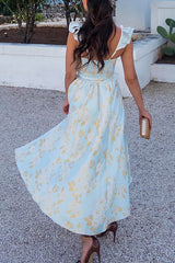 Heididress Ruffled Shoulder Bow Knot Waist Slit Printed Vintage Party Dress