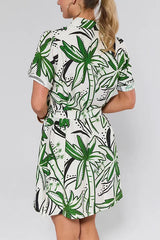 Short Sleeves Button Down Tie Waist Printed Mini Shirt Dress