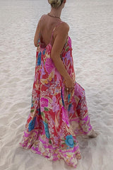 Heididress V Neck Spaghetti Strap Backless Floral Print Maxi Vacation Dress