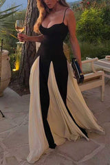 Heididress Spaghetti Strap Low Cut Color Block Swing Maxi Dress