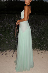 Heididress Deep V Neck Halter Backless Color Block Bow Maxi Dress