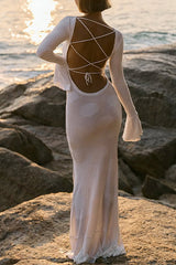 Heididress Bell Long Sleeves Backless Lace-up Shell Print Maxi Dress