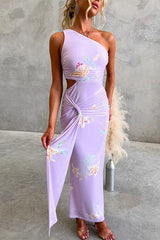 One Shoulder Cut Out Waist Floral Print Draped Maxi Dress