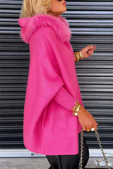 Dolman Sleeves Zipper Up Pocketed Jacket with Faux Fur Hood