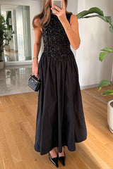 Heididress Crewneck Sleeveless Glitter Sequin Splice Maxi Dress