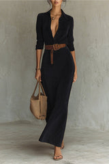 Heididress Long Sleeves Button Up Faux Suede Belted Maxi Dress