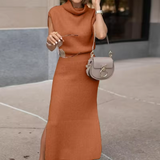 Cowl Neck Waisted Side Slit Midi Sweater Dress