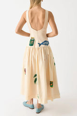 Sleeveless Tropic Print Open Back Ruffle Maxi Dress