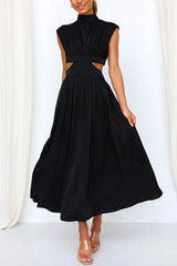 Heididress Mockneck Cut Out Waist Pockets Swing Dress