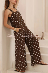 Polka Dot Print Loose Sleeveless Casual Wide-leg Jumpsuit