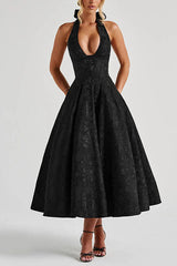Heididress Halter V Neck Waisted Jacquard Swing Midi Party Dress