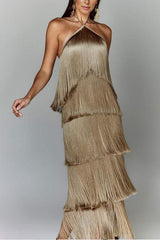 Heididress Chicest Halter Ruffle Layered Fringe Maxi Party Dress