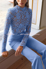 Party Charmer Flower Lace Patchwork Long Sleeve Bow Belted Flare Jumpsuit