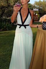 Heididress Deep V Neck Halter Backless Color Block Bow Maxi Dress