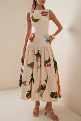 Sleeveless Tropic Print Open Back Ruffle Maxi Dress