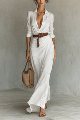 Heididress Lapel Long Sleeves Button Up Maxi Dress With Belt