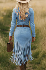 Retro Western Lapel Zipper Long Sleeve Tassel Midi Dress