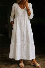 Women's Solid Color Casual V-neck Cotton Linen Long Dress