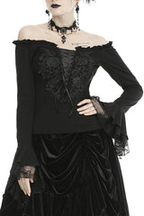 Gothic Lace-Up Off-Shoulder Top with Flared Lace Sleeves