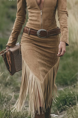 Retro Western Lapel Zipper Long Sleeve Tassel Midi Dress