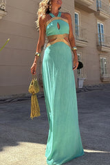 Tie Bow Backless Cut Out Color Block Maxi Dress
