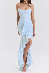 Heididress Spaghetti Strap Frill Trim Draped Slit Maxi Dress