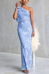 Ruffle One Shoulder Floral Bodycon Maxi Dress