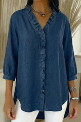 Women's Casual Denim V-Neck Ruffled Shirt