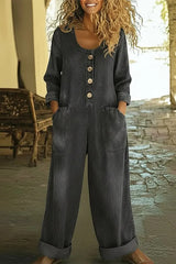 Casual V-Neck Button-Down Denim Jumpsuit
