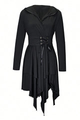 Vintage Asymmetrical Hem Long Sleeve Hooded Dress For Spring & Fall