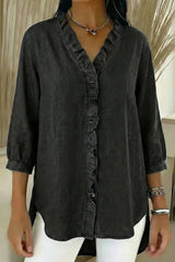 Women's Casual Denim V-Neck Ruffled Shirt